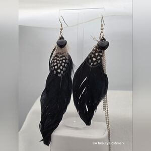 ✨2/$10✨ Handmade Asymmetrical Long Black Feather Earrings Metal Leaf Boho